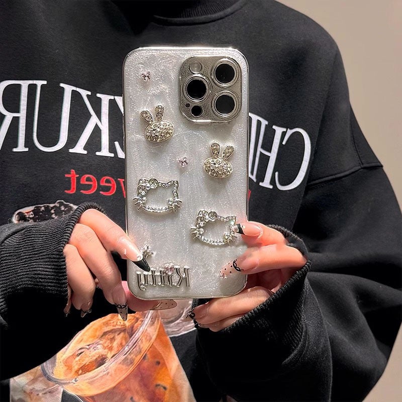 Ins Style Glue Flash Diamond Rabbit Kt Cat Mobile Phone Case Suitable for Apple 17Promax Accessible Luxury Iphone16Pro Female - Image 3