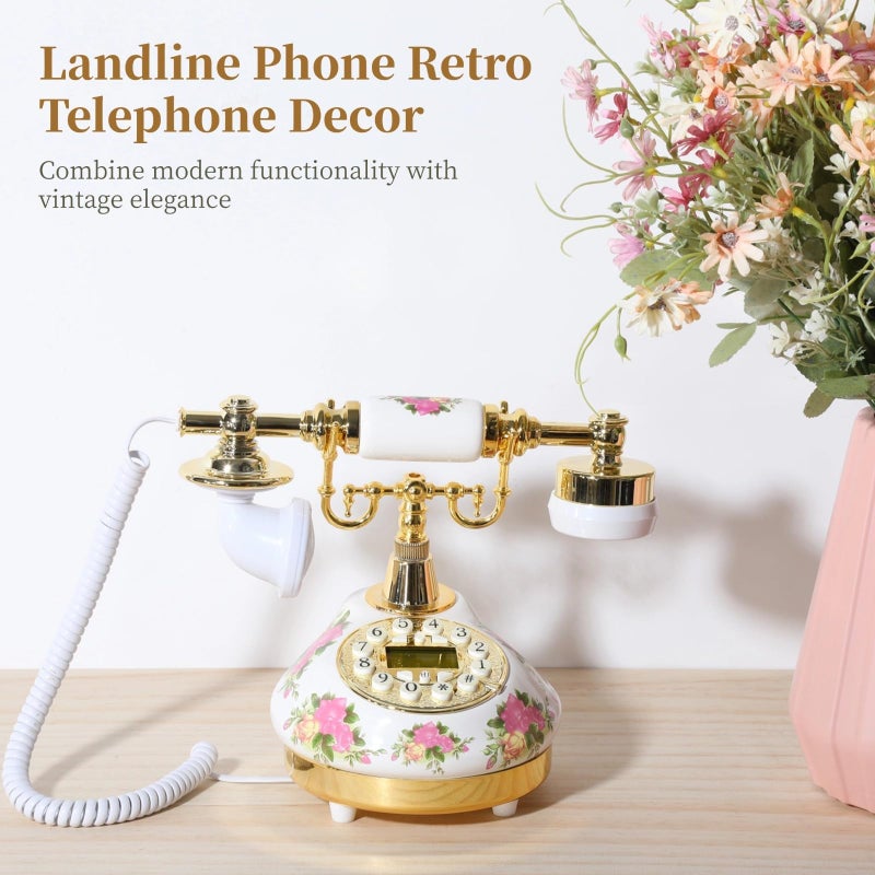 Vintage Floral Ceramic Landline Phone With LCD Display Adjustable Ringtone For Home Office - Image 3