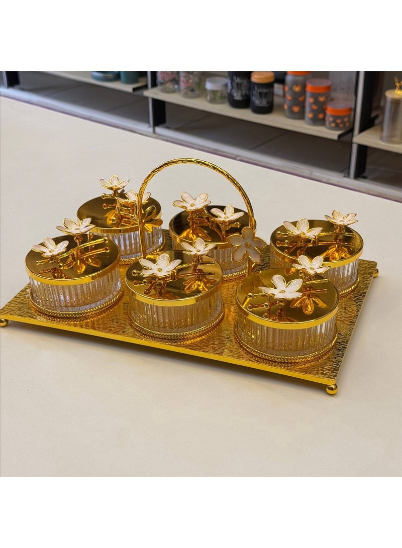 6-Compartment Snack Serving Set with Handle – Metal Tray with 6 Covered Bowls – Silver & Gold - Image 1