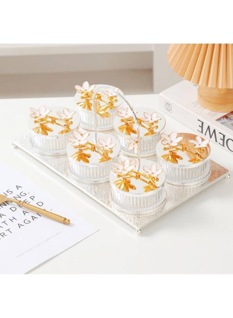 6-Compartment Snack Serving Set with Handle – Metal Tray with 6 Covered Bowls – Silver & Gold - Image 3