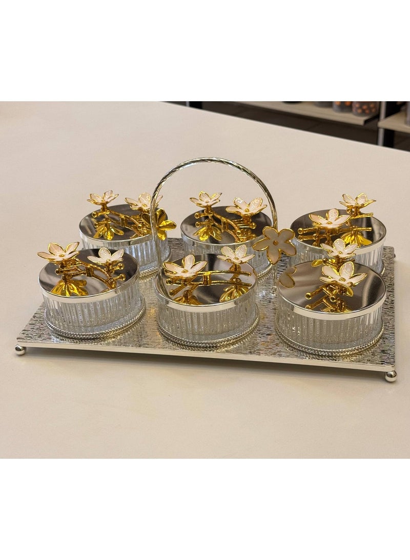 6-Compartment Snack Serving Set with Handle – Metal Tray with 6 Covered Bowls – Silver & Gold - Image 2