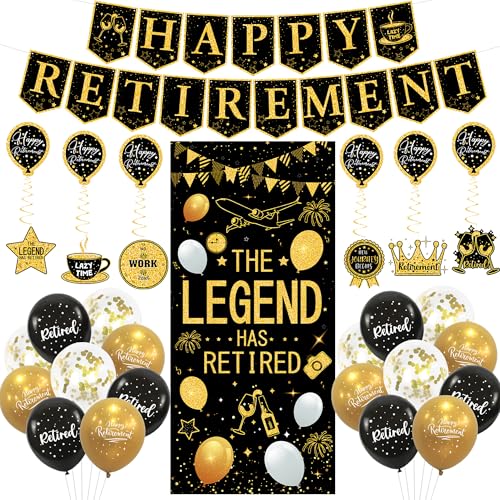 Roetyce Retirement Party Decorations for Men Women Black Gold Happy Retirement Banner Balloons Hanging Swirls Kit Lengend Has Retired Backdrop for Coworker Office Retired Party Supplies - Image 1