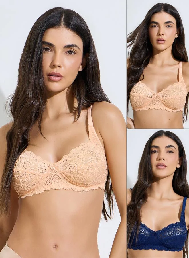 Styli Pack of 2- Non Wired Non Padded Lace Full Cup Bra