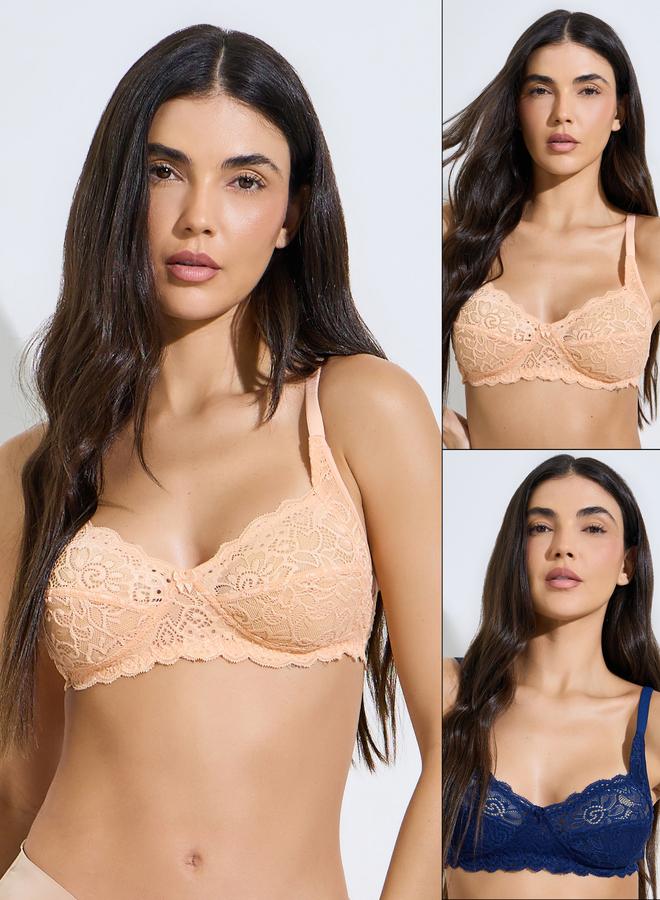 Styli Pack of 2- Non Wired Non Padded Lace Full Cup Bra - Image 1
