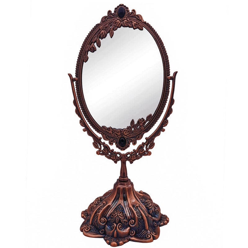 Hsiwto Vintage Double Side Makeup Mirror Alloy Metal Table Makeup Desktop Mirror with 360 Degree Rotation Cosmetic Makeup Tool for Women Girls Small Red Copper