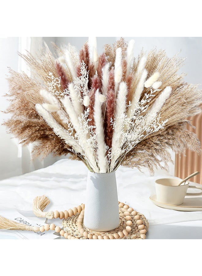 fantasize ديكور عشب البامباس المجفف، 80 قطعة من عشب البامباس تحتوي على زهور الأرانب المجففة، 6 أنواع من النباتات المجففة، باقة عشب البامباس المجفف لزهور الزفاف البوهيمية، ديكور طاولة المنزل، حفلة ريفية (ألوان مختلطة) - Image 1