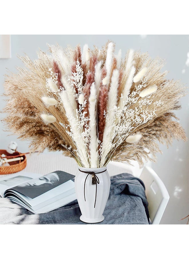 fantasize ديكور عشب البامباس المجفف، 80 قطعة من عشب البامباس تحتوي على زهور الأرانب المجففة، 6 أنواع من النباتات المجففة، باقة عشب البامباس المجفف لزهور الزفاف البوهيمية، ديكور طاولة المنزل، حفلة ريفية (ألوان مختلطة) - Image 5