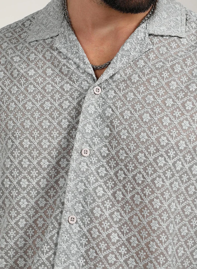CAHOOT  Men's Moon Grey Floral Embroidered Shirt for Men | Best Price UAE