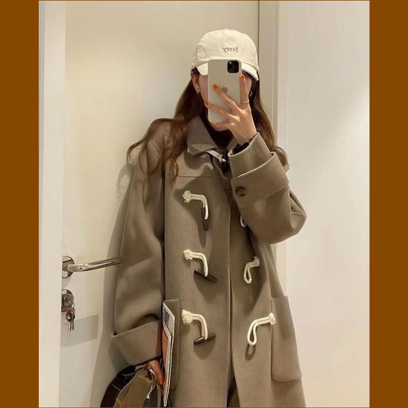 Womens Mid-length Duffle Coat Winter New European Station Large Size Loose British Style Coat Oatmeal 