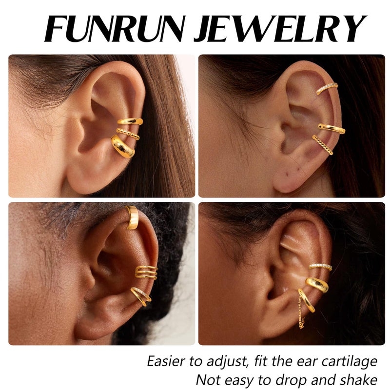 FUNRUN JEWELRY 12 Pcs Ear Cuffs Non Piercing for Women 14K Gold Plated Adjustable Cuff Earrings Non Pierced Cubic Zirconia Ear Cuff Clip on Cartilage Fake Earrings Jewelry - Image 2