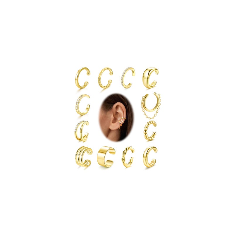 FUNRUN JEWELRY 12 Pcs Ear Cuffs Non Piercing for Women 14K Gold Plated Adjustable Cuff Earrings Non Pierced Cubic Zirconia Ear Cuff Clip on Cartilage Fake Earrings Jewelry - Image 1