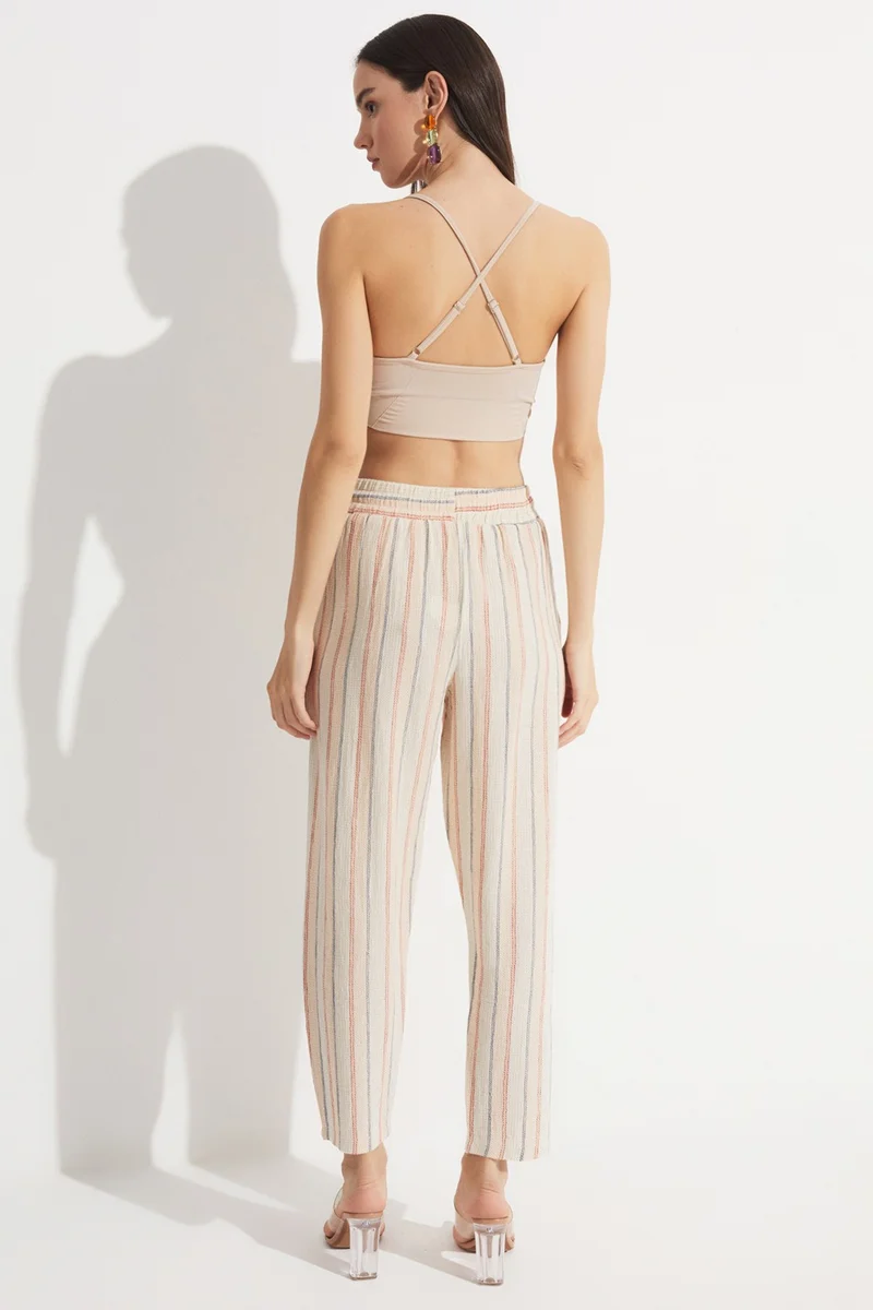 JUNE Exclusive Elastic Waist 100% Cotton Striped Woven Trousers