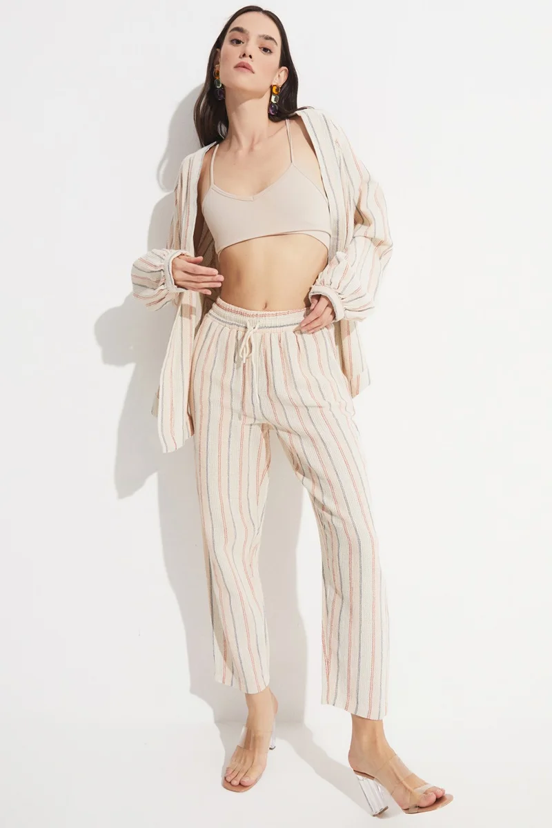 JUNE Exclusive Elastic Waist 100% Cotton Striped Woven Trousers