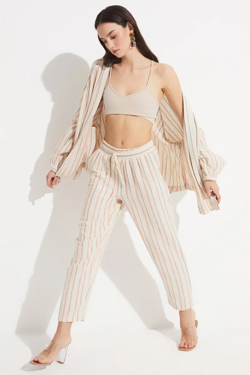 JUNE Exclusive Elastic Waist 100% Cotton Striped Woven Trousers