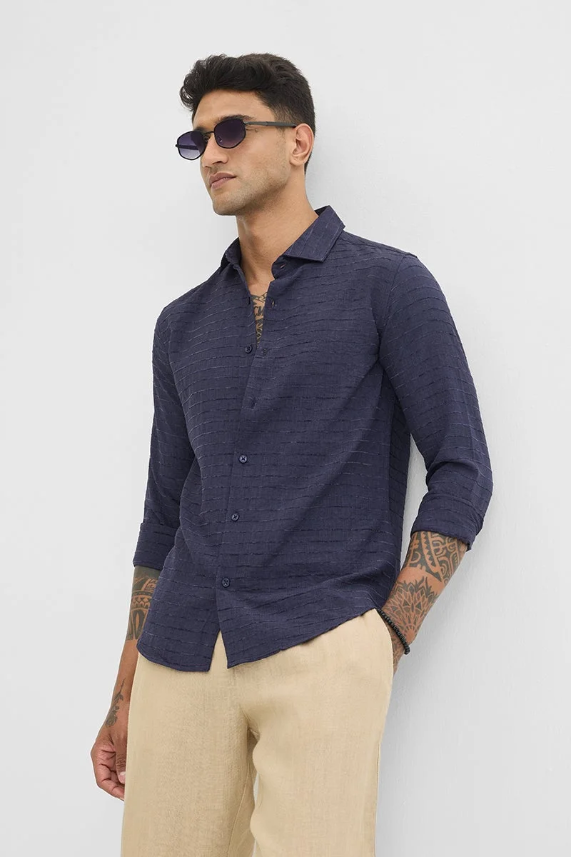 SNITCH Black Textured Long Sleeve Slim Fit Casual Shirt