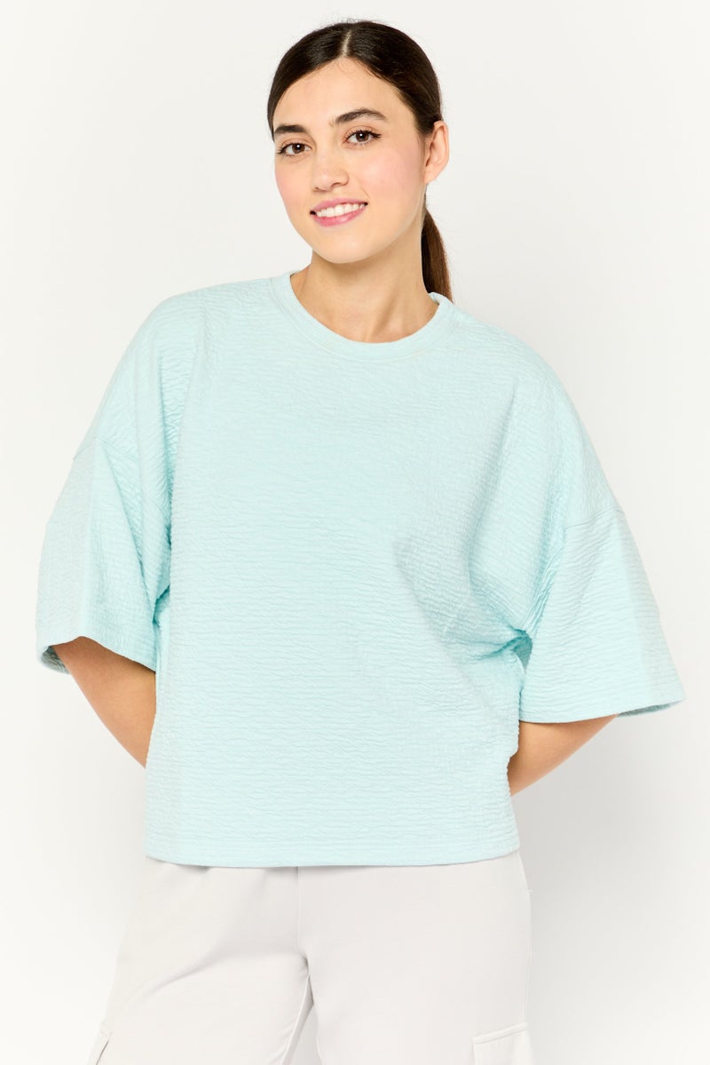 TRIBE OF 6 Women Crew Neck Short Sleeves Textured T-Shirt, Light  Blue - Image 1