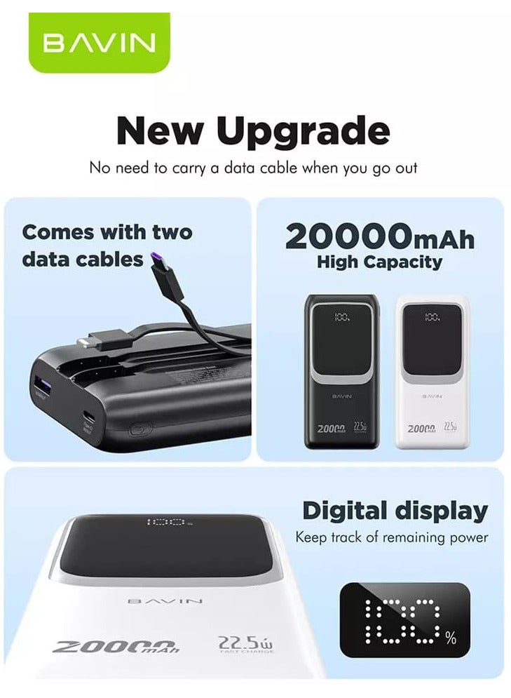 Bavin 20000mAh Power Bank With 22.5W with PD Port and USB Ports and Built-in 2 Cables and Screen Display Compatible with all Devices - Image 4