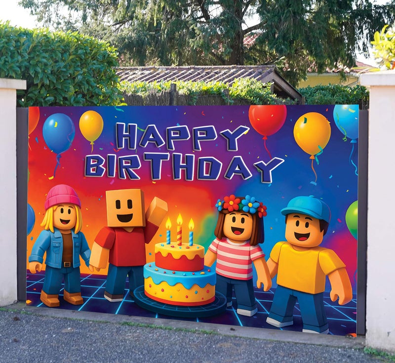 IndoTribe Video Game Birthday Decorations Happy Birthday Banner for Boys 6x4ft Pixel Backdrop Villager Gaming Birthday Party Decorations Video Game Backdrop for Kids Miner Boys Birthday Party Decorations - Image 2