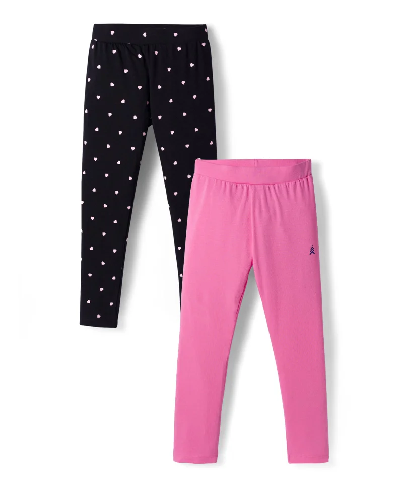 Pine Kids Pine Kids Cotton Lycra Knit Full Length Leggings With Heart Print (Pack Of 2) - Pink & Black