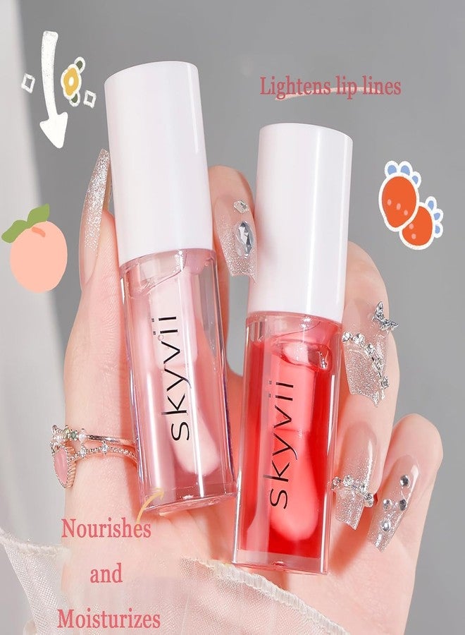 Dulele 4PCS Fruit Flavoured Lip Oil Set, Moisturizing Plumping Lip Glow Oil, No-Sticky Lip Gloss Lip Balm, Hydrating Nourishing Lip Care for Women/Peach/Strawberry (Pink, 1) - Image 2