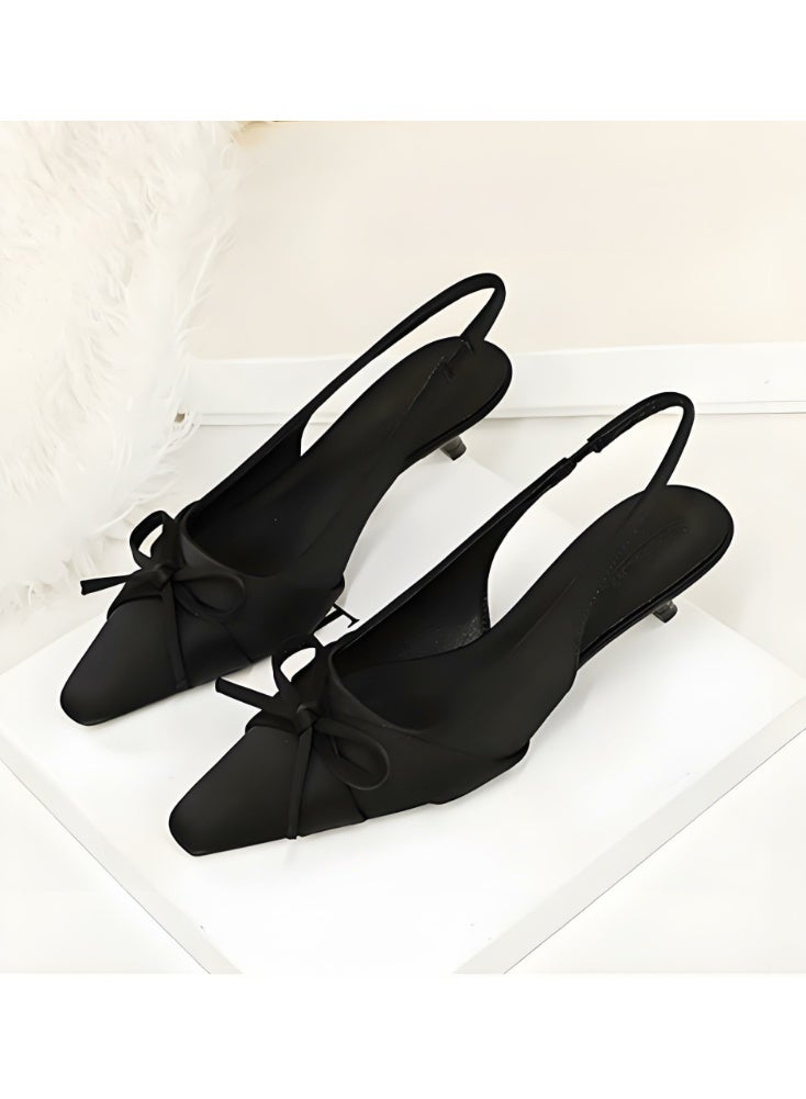 بيج تري المرأة الساتان مغلق أشار إصبع القدم قطة كعب مضخات كعب منخفضة ساندال أسود 3.5CM - Image 1