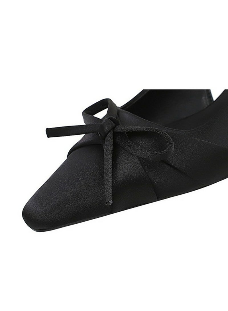 بيج تري المرأة الساتان مغلق أشار إصبع القدم قطة كعب مضخات كعب منخفضة ساندال أسود 3.5CM - Image 3