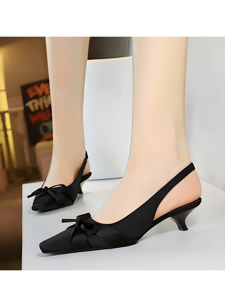 بيج تري المرأة الساتان مغلق أشار إصبع القدم قطة كعب مضخات كعب منخفضة ساندال أسود 3.5CM - Image 4