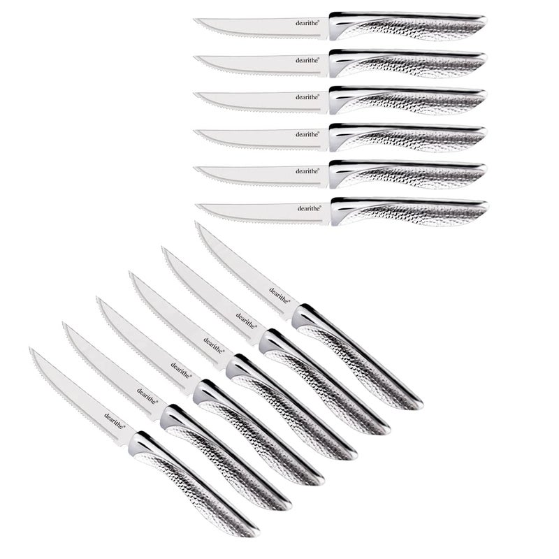 dearithe Serrated Steak Knives Set of 12 Stainless Steel Sharp Blade Flatware Steak Knife Set45 In Hammered Pattern Hollowed HandleFor Kitchen Restaurant CampingDishwasher Safe