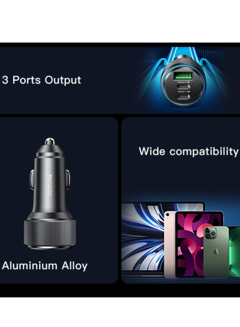 Yesido Y50 Car Charger | Type-C*2 + USB*1 3Ports Fast Charging Car Charger - Image 2