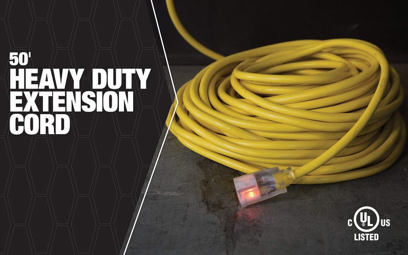 Southwire Outdoor Extension Cord â€“ Durable Vinyl Jacket for For Farm, Ranch & Workshop - Lighted End With Reinforced Blades - SJTW, Yellow - 12 Gauge, 3 Prong - 50 Feet - Image 2