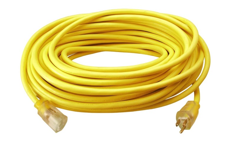 Southwire Outdoor Extension Cord â€“ Durable Vinyl Jacket for For Farm, Ranch & Workshop - Lighted End With Reinforced Blades - SJTW, Yellow - 12 Gauge, 3 Prong - 50 Feet - Image 1