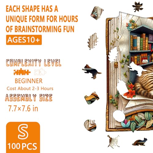 Artipuz Wooden Puzzles for Adults Cat in The Book Wooden Puzzle Unique Shape Wood Jigsaw Puzzle for Adults Wood Puzzles Adult Gifts for Family Wall Art Home Decor 100pcs 77 76in S - Image 5