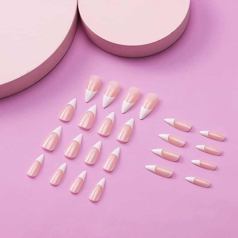 morily 24pcs Fake Nails Pink White Glossy Medium Long Stiletto Almond Press on Nail False Tips Artificial Finger Manicure for Women (French) - Image 3