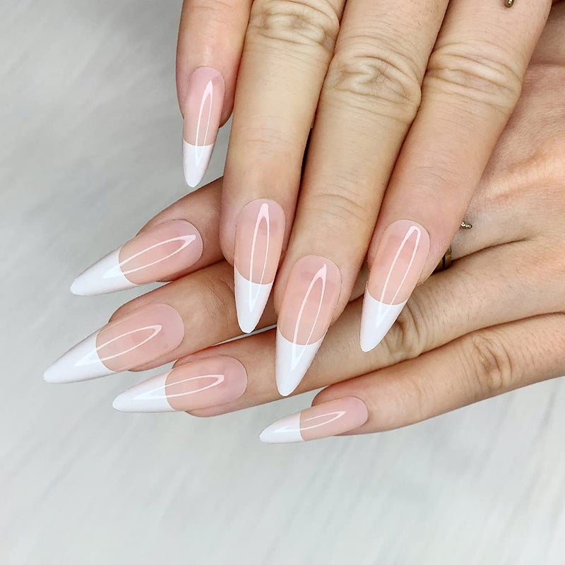 morily 24pcs Fake Nails Pink White Glossy Medium Long Stiletto Almond Press on Nail False Tips Artificial Finger Manicure for Women (French) - Image 2