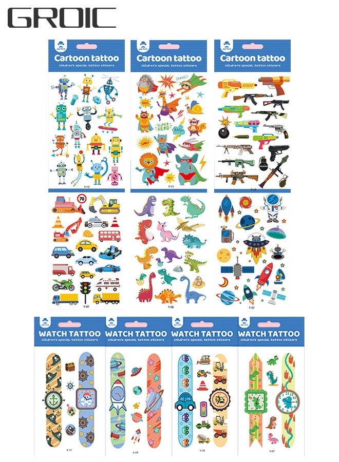 GROIC 102 Pcs Temporary Tattoos and 4 Sheets Watch Fake Tattoo Stickers, Cartoon Waterproof Body Sticker for Space Animal Car Theme Decorations Favor Party Supplies - Image 1