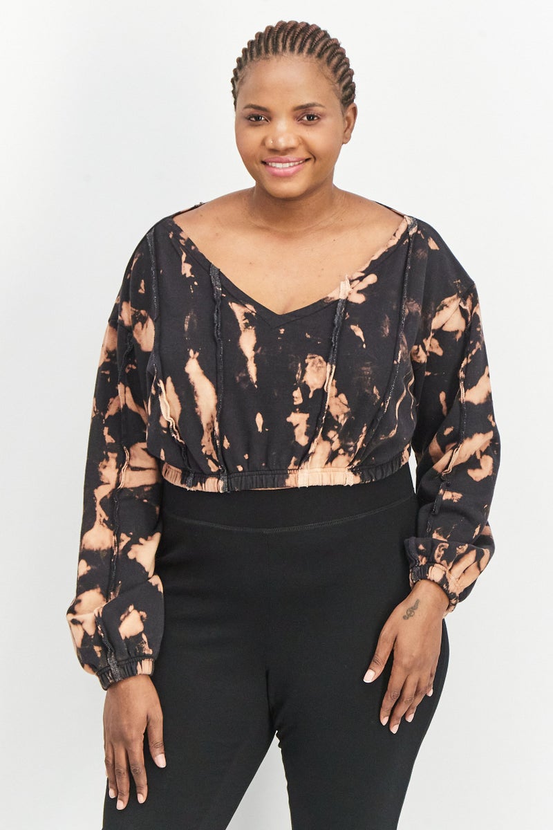 PUBLIC DESIRE Women Curve V-Neck Tie Dye Sweatshirt, Black - Image 1