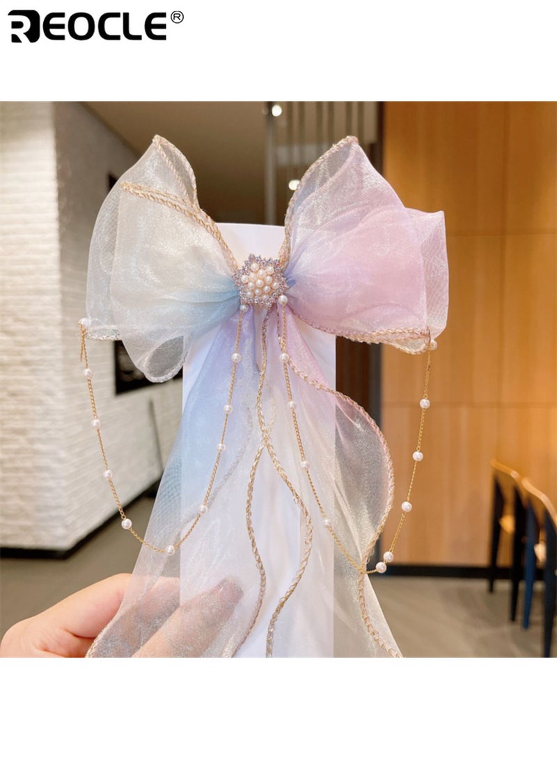 REOCLE 2PCS Girl's Pearl Bow Hair Clips with Ponytail Tassel Design and Ribbon Detail Hair Accessories with Princess Style for Party Hairstyle - Image 4