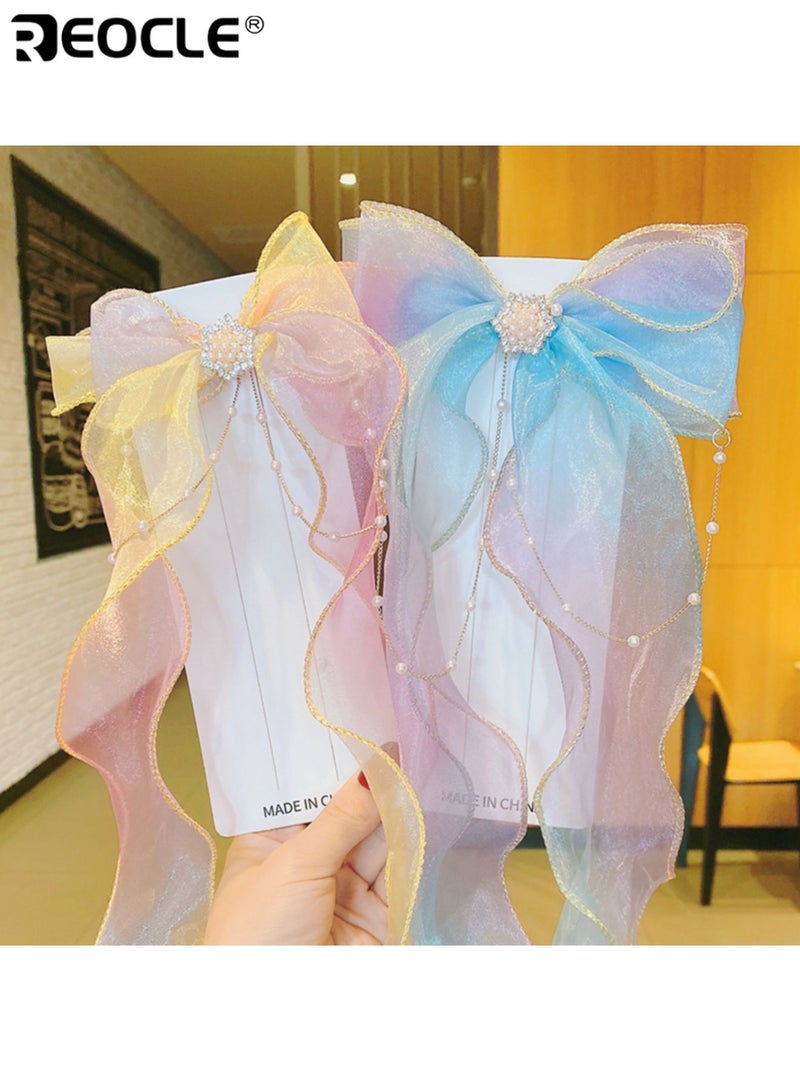 REOCLE 2PCS Girl's Pearl Bow Hair Clips with Ponytail Tassel Design and Ribbon Detail Hair Accessories with Princess Style for Party Hairstyle - Image 5