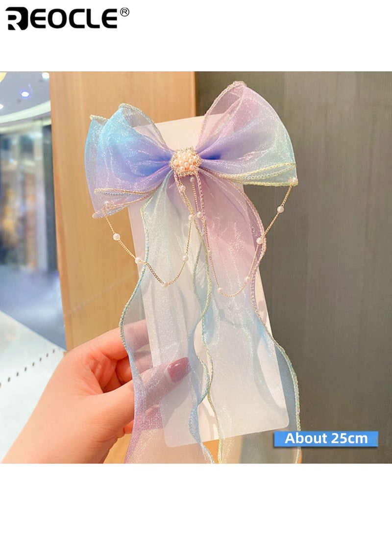 REOCLE 2PCS Girl's Pearl Bow Hair Clips with Ponytail Tassel Design and Ribbon Detail Hair Accessories with Princess Style for Party Hairstyle - Image 3