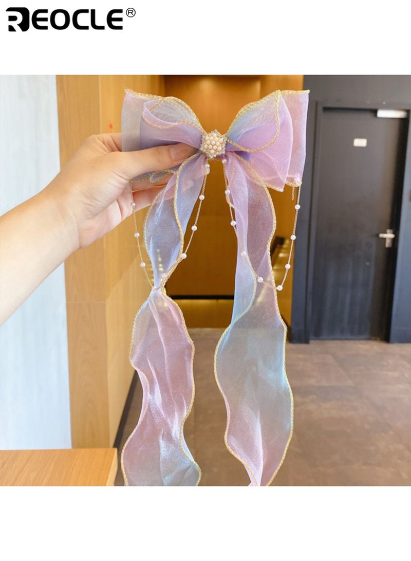 REOCLE 2PCS Girl's Pearl Bow Hair Clips with Ponytail Tassel Design and Ribbon Detail Hair Accessories with Princess Style for Party Hairstyle - Image 2