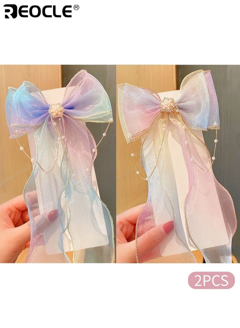 REOCLE 2PCS Girl's Pearl Bow Hair Clips with Ponytail Tassel Design and Ribbon Detail Hair Accessories with Princess Style for Party Hairstyle - Image 1