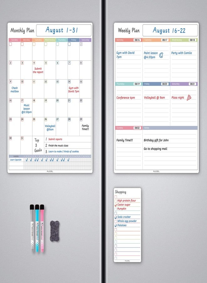 ALEZEL Magnetic Fridge Calendar Whiteboard, Dry Erase Refrigerator Calendar Set (3 Boards) - Magnetic Weekly Calendar for Fridge, Dry Erase Calendar, Grocery List White Board, 3 Markers + Eraser - Image 1