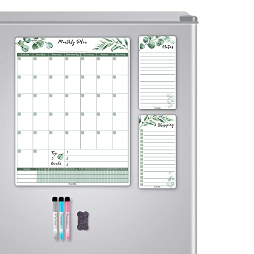 ALEZEL Magnetic Dry Erase Calendar for Fridge, Greenery Monthly Fridge Calendar Whiteboard Set - Vertical Monthly Calendar for Refrigerator, Grocery & to Do List White Board, 3 Markers + Eraser - Image 1