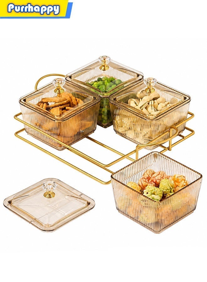 Purrhappy 4-Grids Fruit Plate, Snack Serving Tray, Gold Metal Fruit Basket Bowl, Food Nut Storage Tray With Lid, Kitchen Food Container Set, Storage Organizer for Vegetables Candy Fruit Dips - Image 1