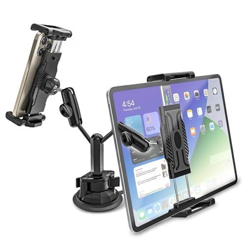 Kolasels Heavy Duty Dual Tablet Holder for Car/Truck [Metal Arm] Dashboard Windshield Double Mount for Vehicle Dash Suction Stand for iPad Pro/Air/iPhone, 5.5-15.6" Tablets Phone - Image 1