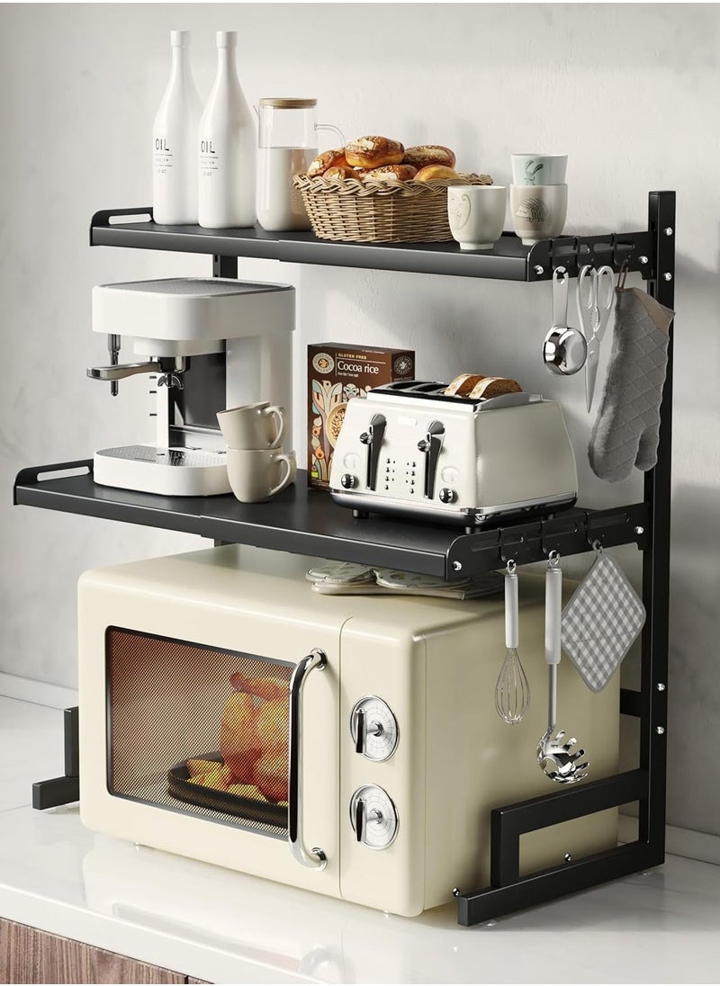 AUTOYSUR - Expandable And Height Adjustable Metal Microwave Oven Rack, Microwave Stand, Pots Pans Organizer with 6 Hooks, Chopping Board Holder, Knife Holder, Chopstick Holder Adjustable Expandable for Kitchen Storage (Black, 3 Tier) - Image 1
