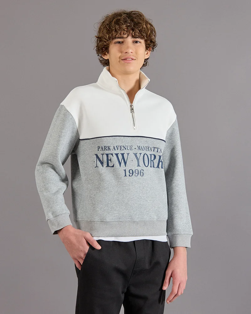 REDTAG Senior Boys Grey Half Zipper Sweatshirt