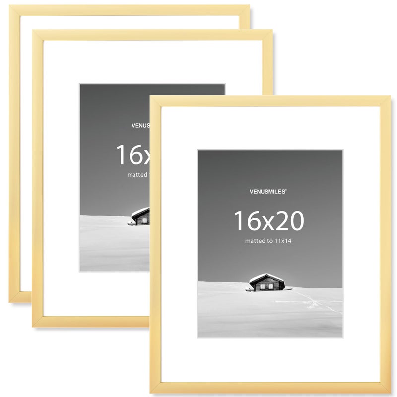 Venusmiles 16x20 inch Picture Frame, 16x20 Photo Frames with 11x14 Removable Mat - High Definition Plexiglass - Vertical and Horizontal Display - Wall Hanging Frame - Gold, 3 Pack - Image 1