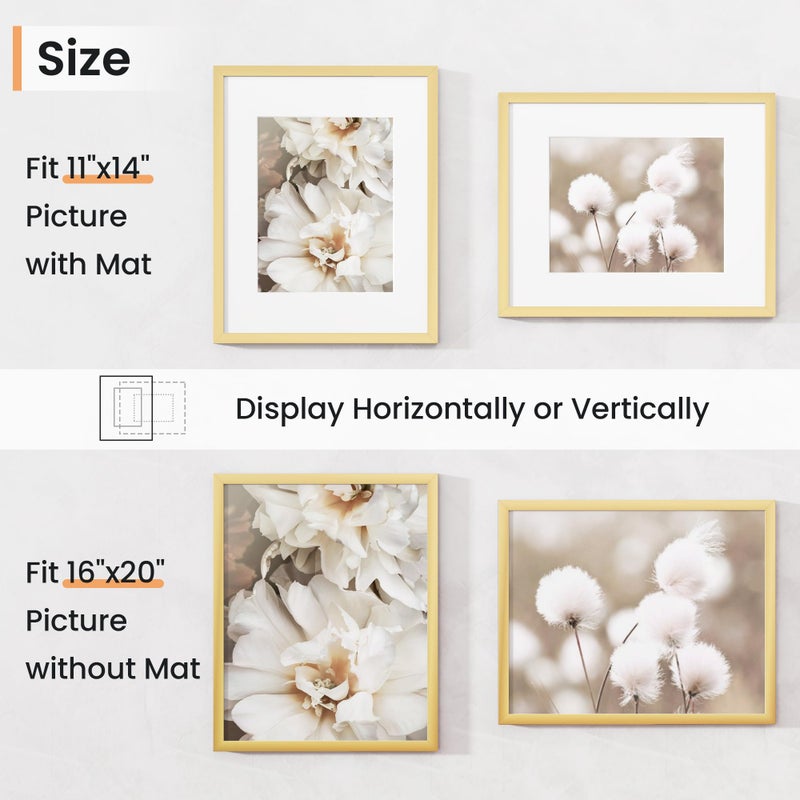 Venusmiles 16x20 inch Picture Frame, 16x20 Photo Frames with 11x14 Removable Mat - High Definition Plexiglass - Vertical and Horizontal Display - Wall Hanging Frame - Gold, 3 Pack - Image 3