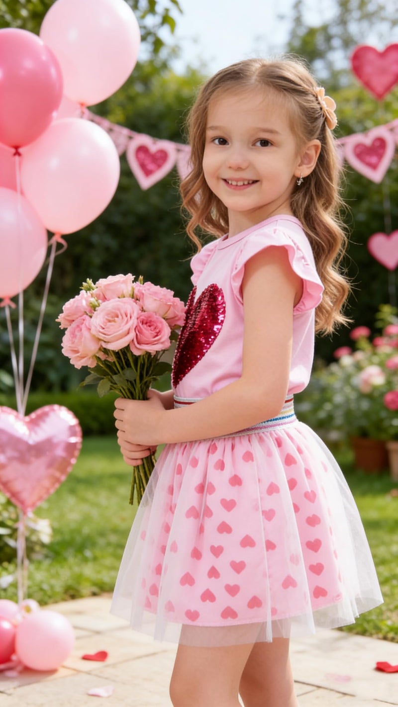 RETSUGO Toddler Girls Heart Skirt Set Summer Valentines Day Outfit Kids Flutter Sleeve Shirt Pink Tulle Skirts Tutu Heart Print Dress 5-6 Years - Image 3